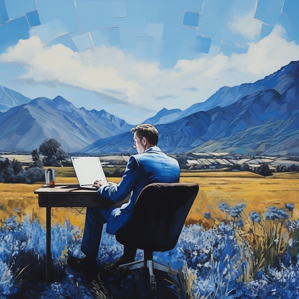 businessman sitting at desk in fields