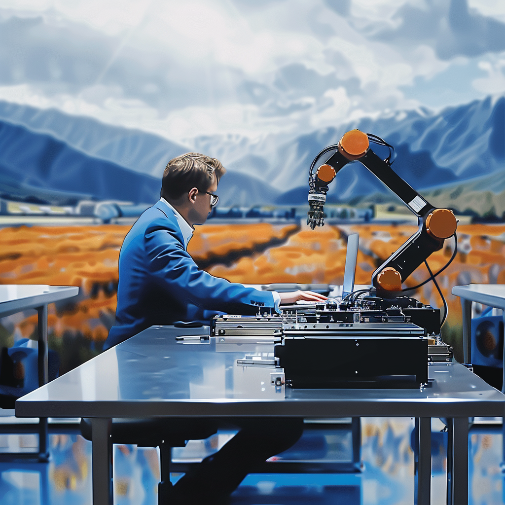 man sitting at desk in field with business automation tools