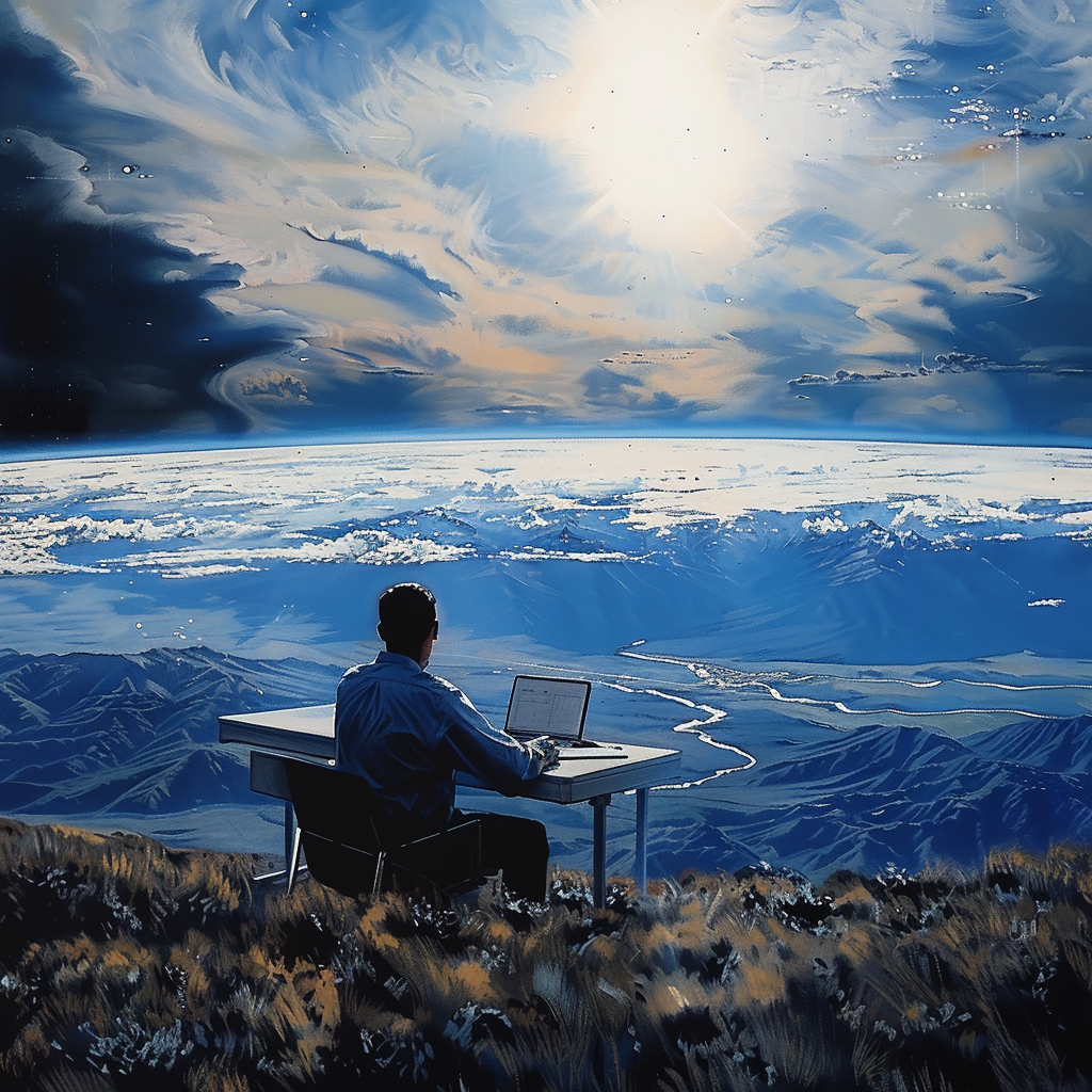 man on computer looking out over an exaggerated horizon
