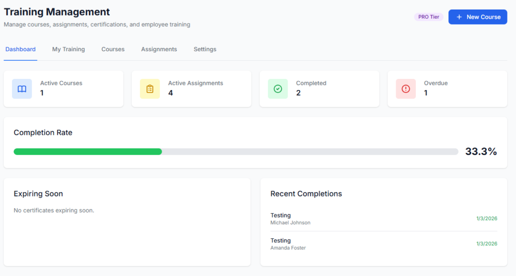 Training management dashboard in EHSpro