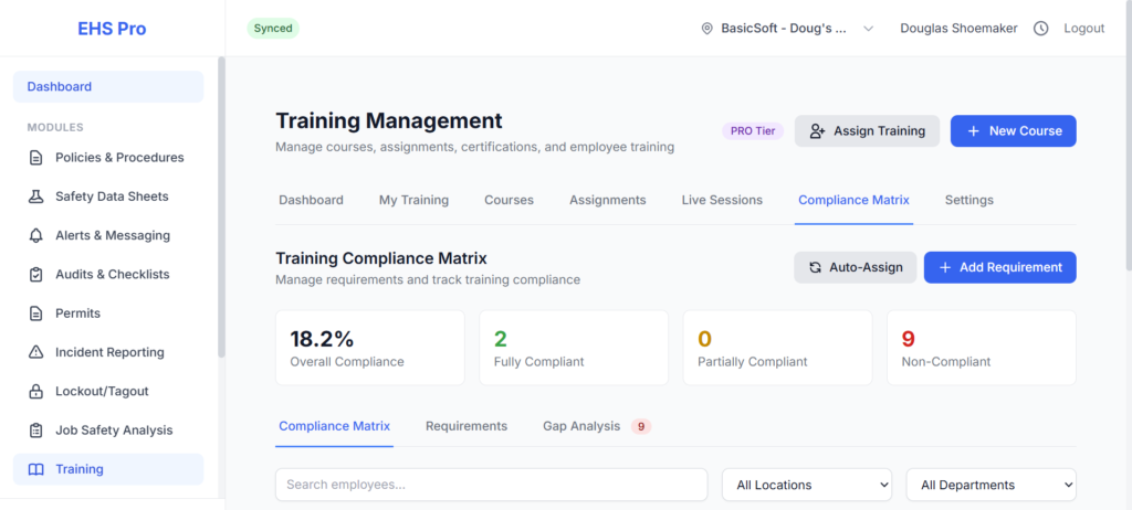 Training management compliance matrix screenshot