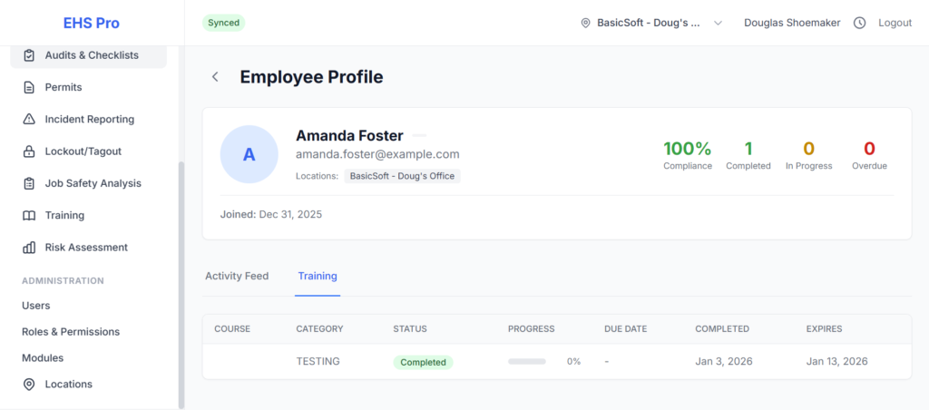 Screenshot of employee profile training feed
